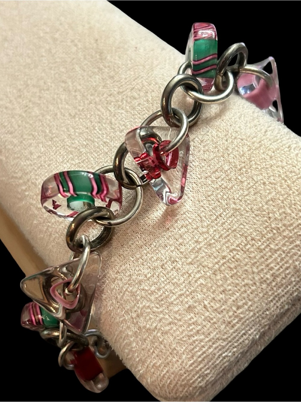 Y2K Sterling Silver 925 geometric glass bead pink and green bracelet